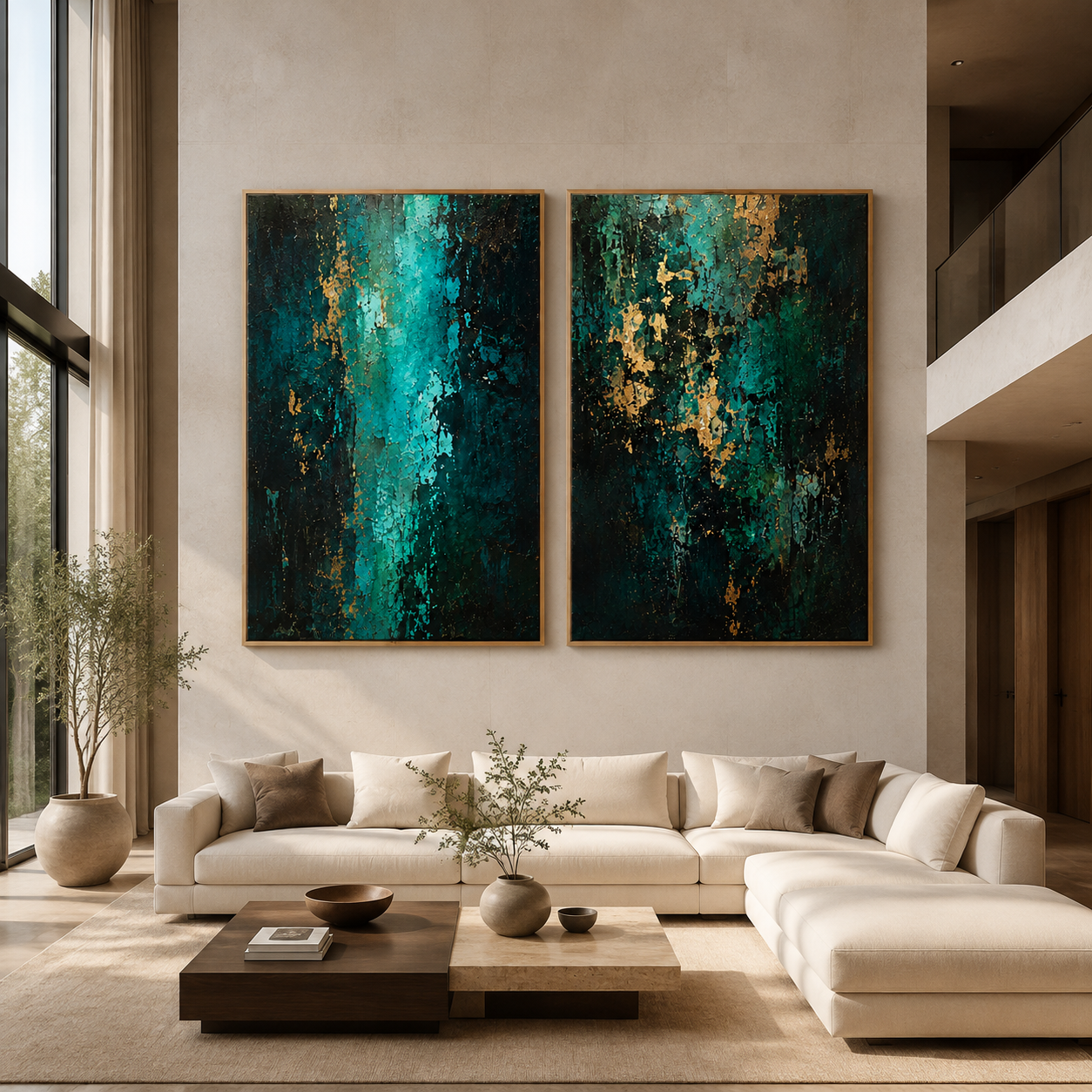 Green and gold wall art diptych above a sofa in a tall, light-filled living room – Twin Currents by Rossetti Art