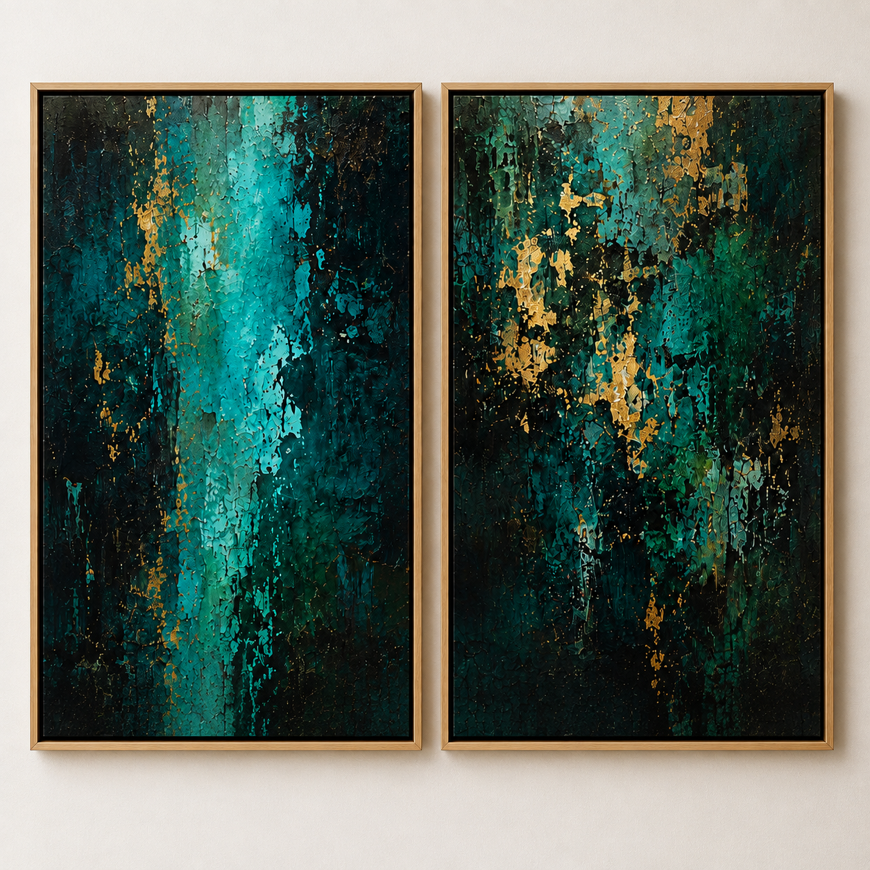 Green and gold wall art set of 2, emerald and teal textured paintings with metallic gold accents – Twin Currents by Rossetti Art