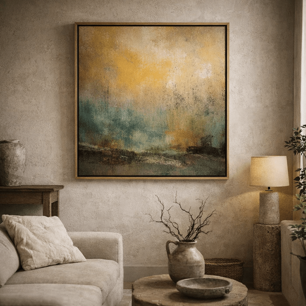 Green Gold Abstract Original Painting on Canvas | Golden Veil Horizon by Rossetti Art modern abstract canvas wall art by Rossetti Art – luxury interior design artwork for living room, bedroom, office – abstractnew Entryway Original Paintings Living Room Original Paintings