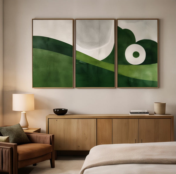 Green Landscape Paintings Set of 3 - Forest Line Triptych