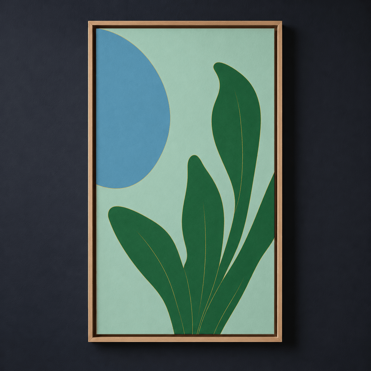 Front view of green leaf wall art with blue and green details in an oak floater frame