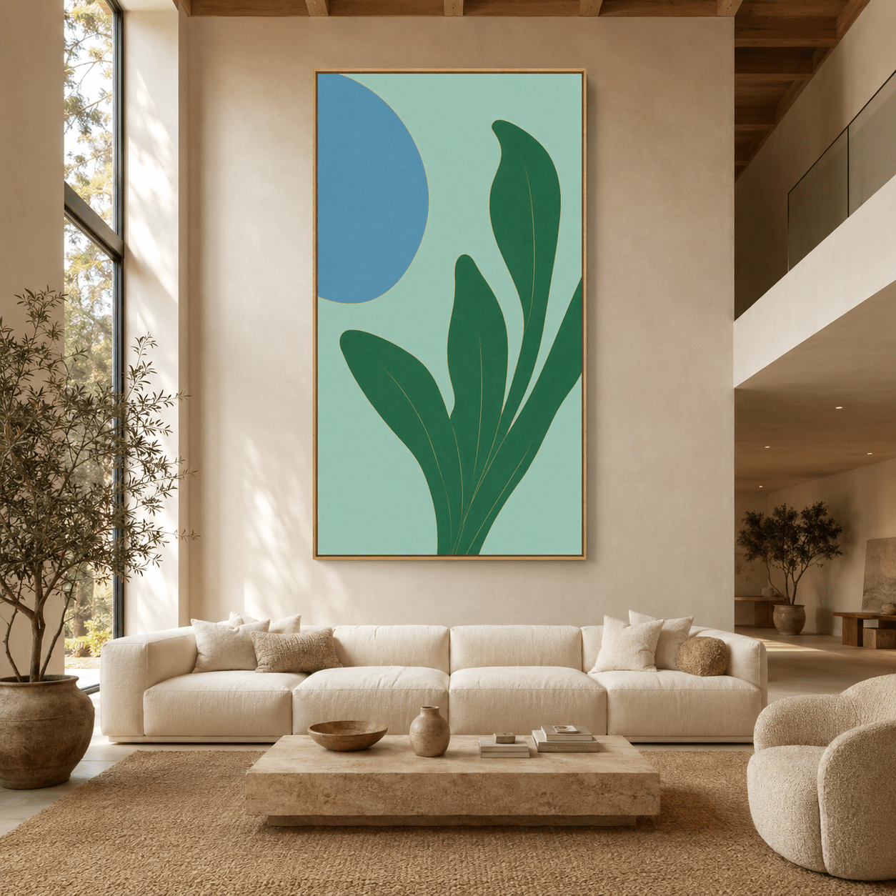 Oversized green leaf wall art in a hardwood floater frame displayed in a modern living room