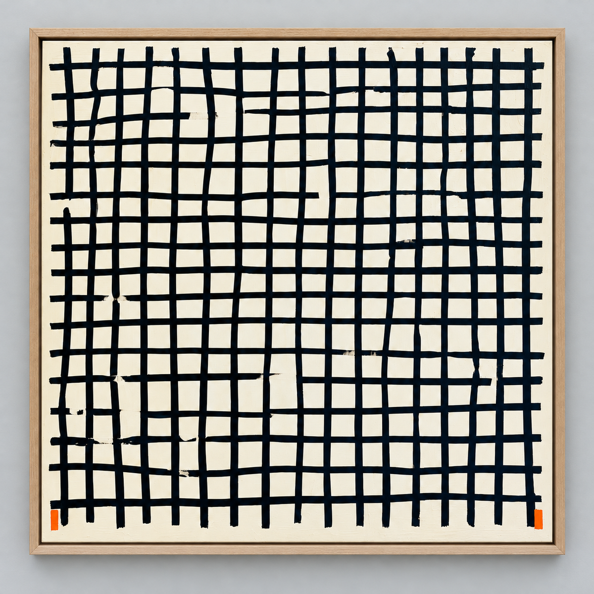 Grid Painting Canvas Print – Hand-Ruled by Rossetti Art – hand-drawn black grid on a cream ground with two orange corner marks, framed front view