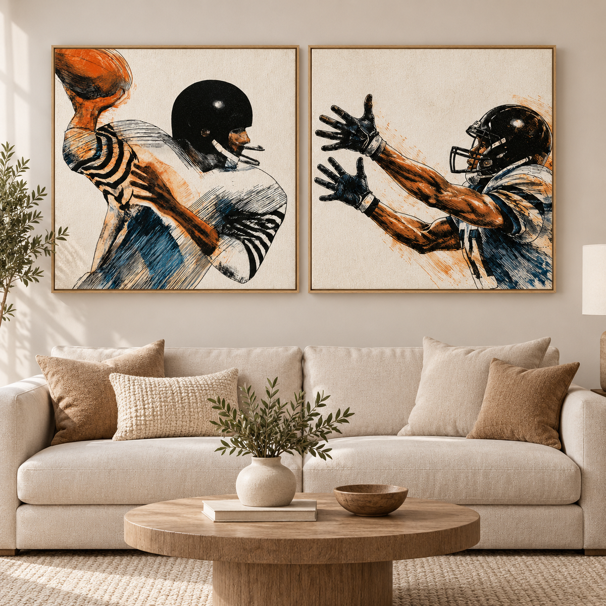 Football wall art set of 2 canvas prints — Gridiron Motion and The Catch by Rossetti Art, above a beige living room sofa