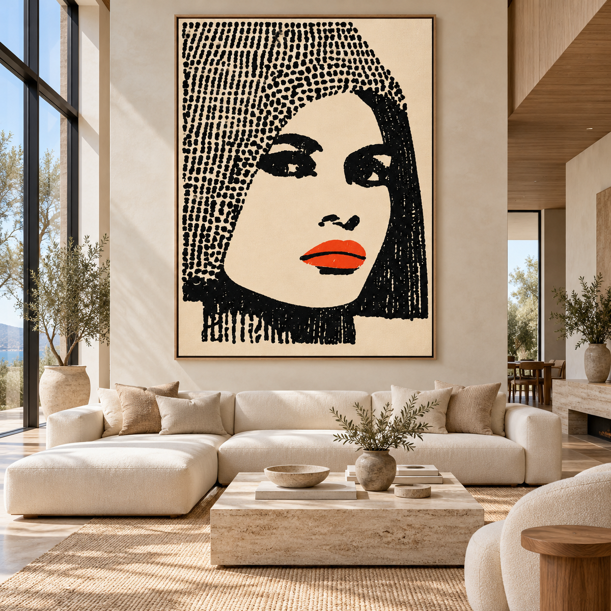 Halftone Portrait – Scarlet Dot Canvas Print by Rossetti Art, oversized black and cream portrait with red lips above a sofa in a large living room