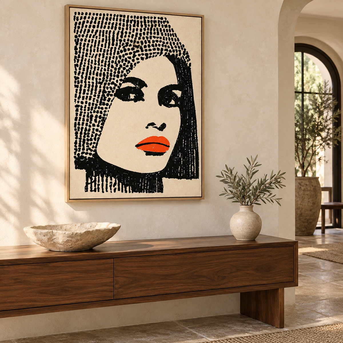 Halftone Portrait – Scarlet Dot Canvas Print by Rossetti Art on the wall of an entryway above a walnut console