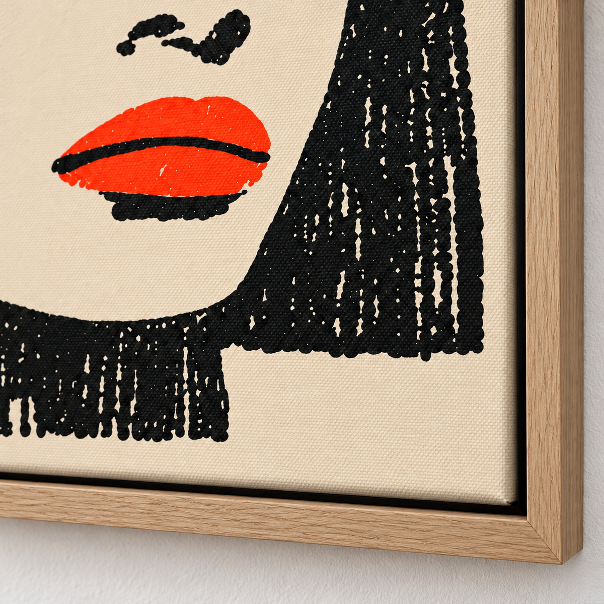 Halftone Portrait – Scarlet Dot Canvas Print by Rossetti Art, close-up of the red lips, black dots, canvas texture and frame corner