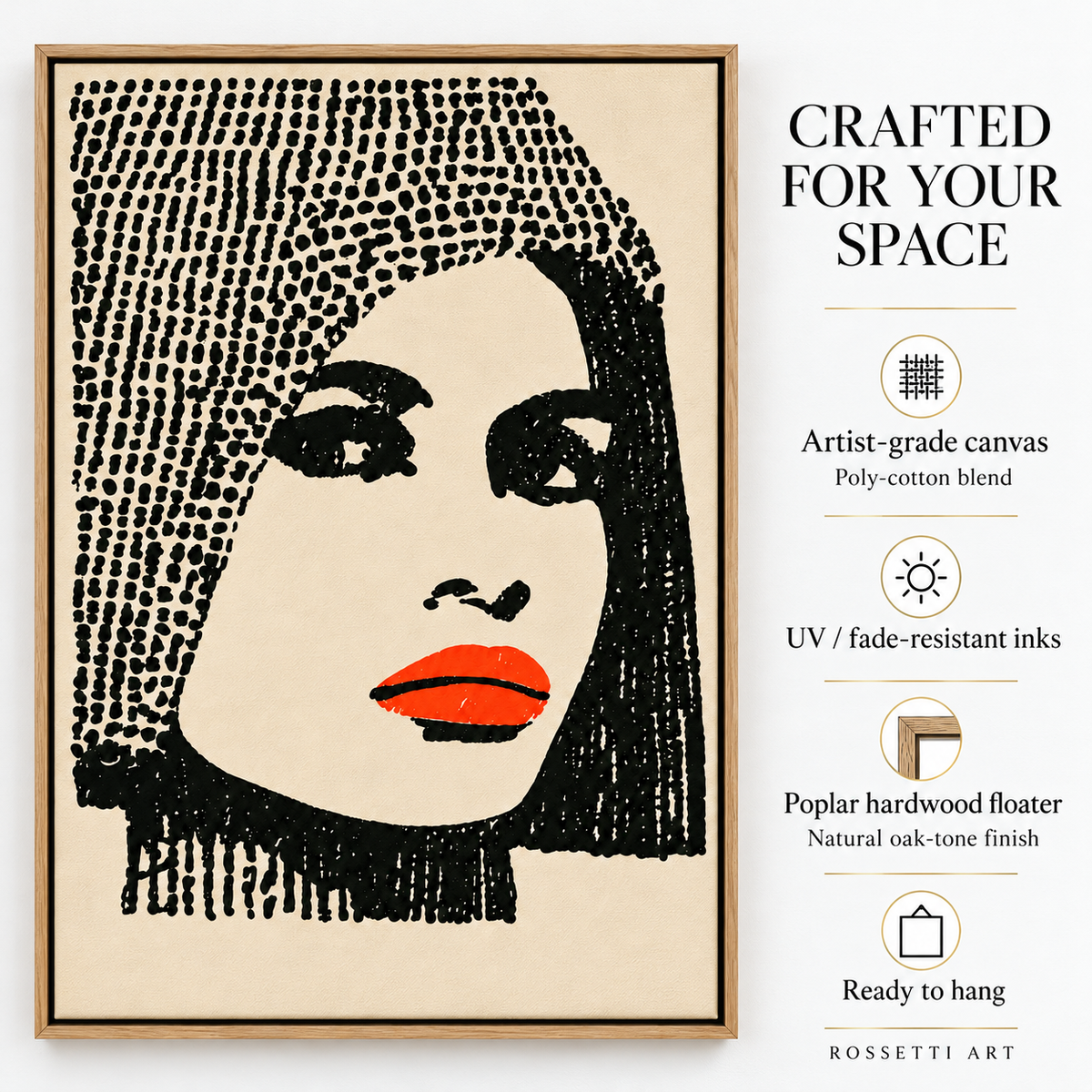 Halftone Portrait – Scarlet Dot Canvas Print by Rossetti Art, front view with canvas, ink, floater frame and ready-to-hang details