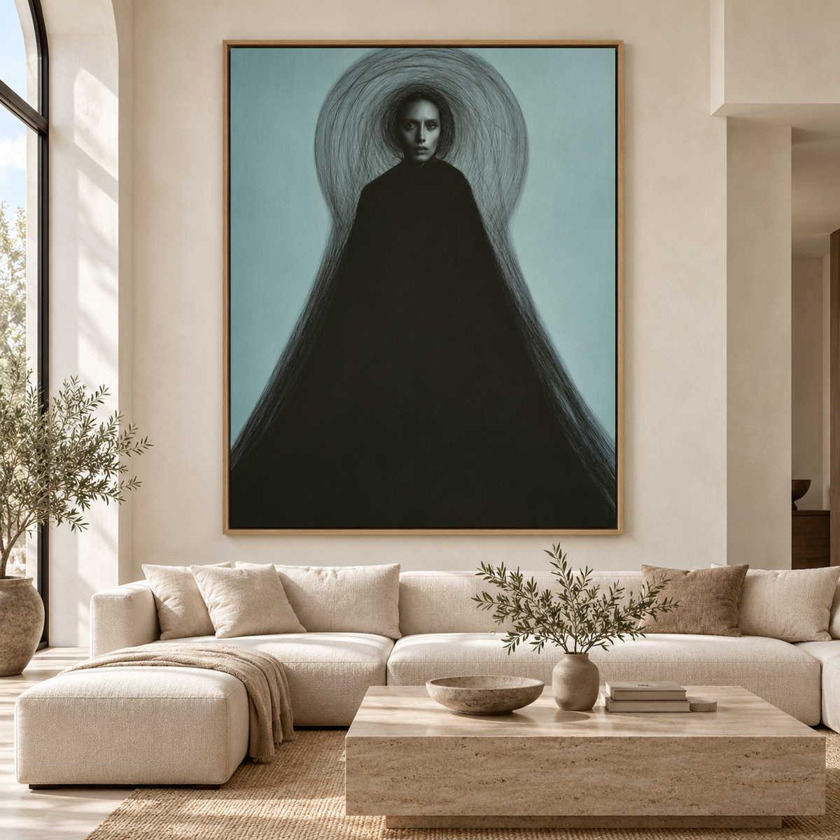 Halo Wall Art Canvas Print – Keyhole Veil cloaked figure portrait in an oak frame by Rossetti Art