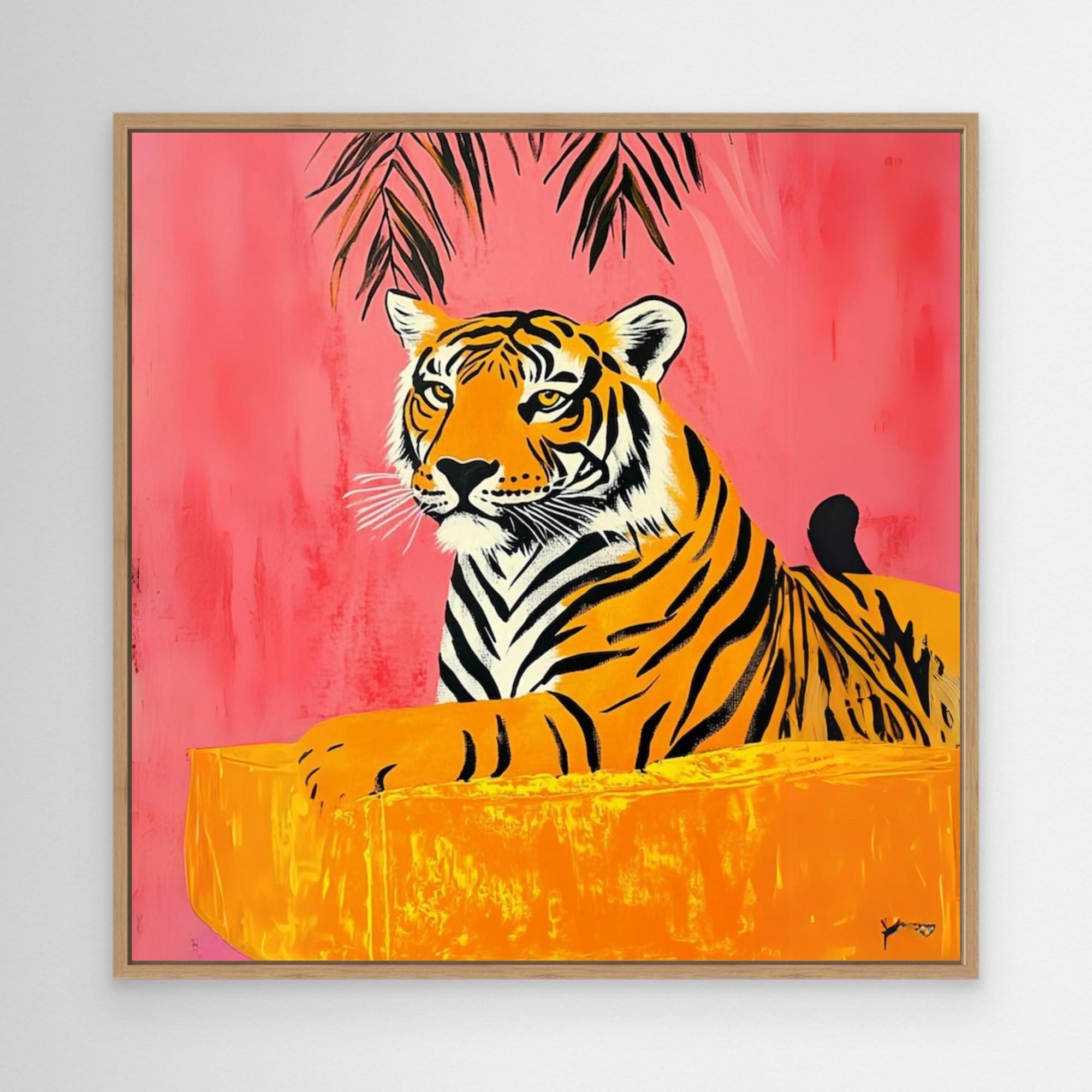 Majestic Tropics - Tiger Wall Art Print, Jungle Animal Painting with Tropical Pink Background, Vibrant Wildlife Decor, Modern Safari Wall Art