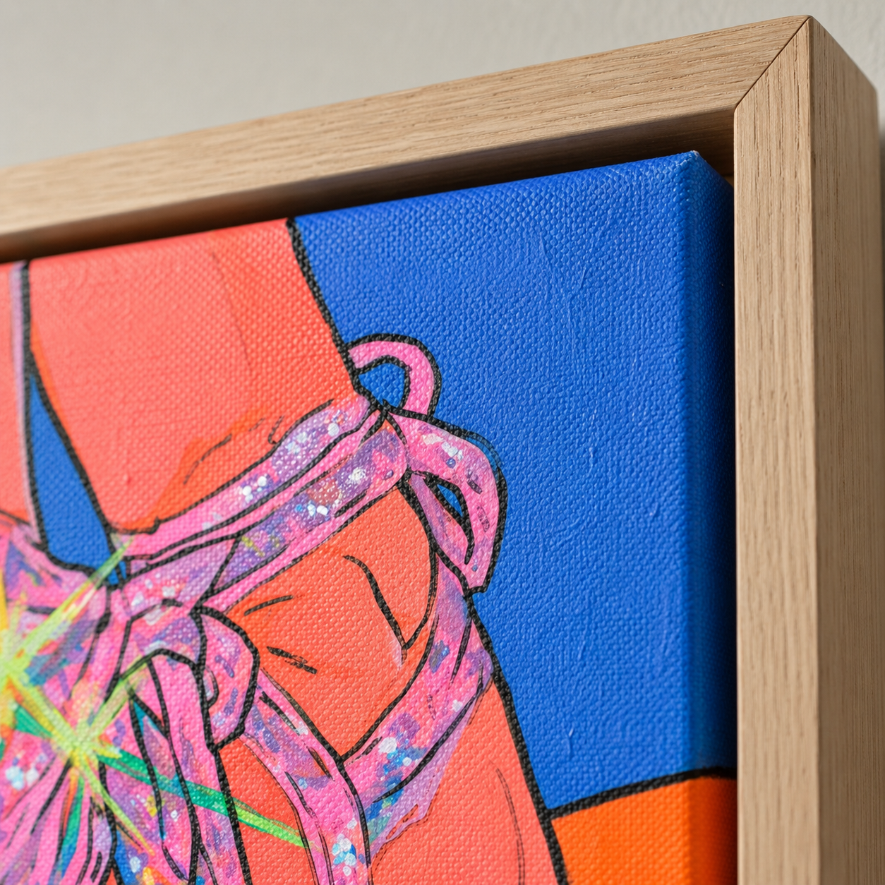 Close-up of high heel wall art showing the painted texture, colors and oak floater frame