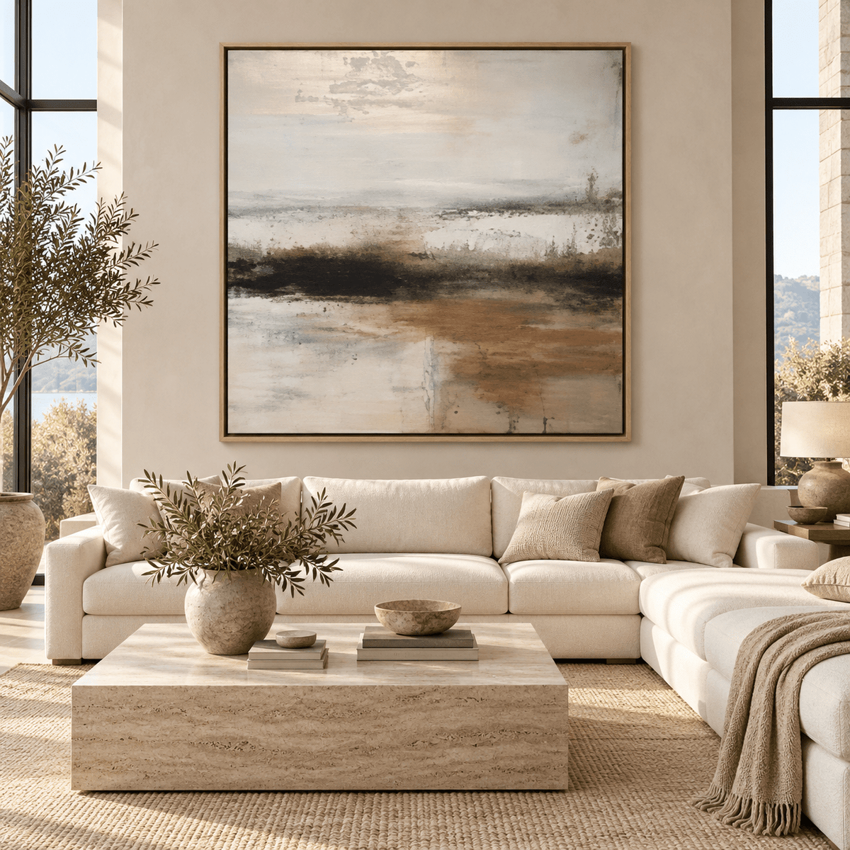 Golden Horizon painting displayed above a dining room table by Rossetti Art
