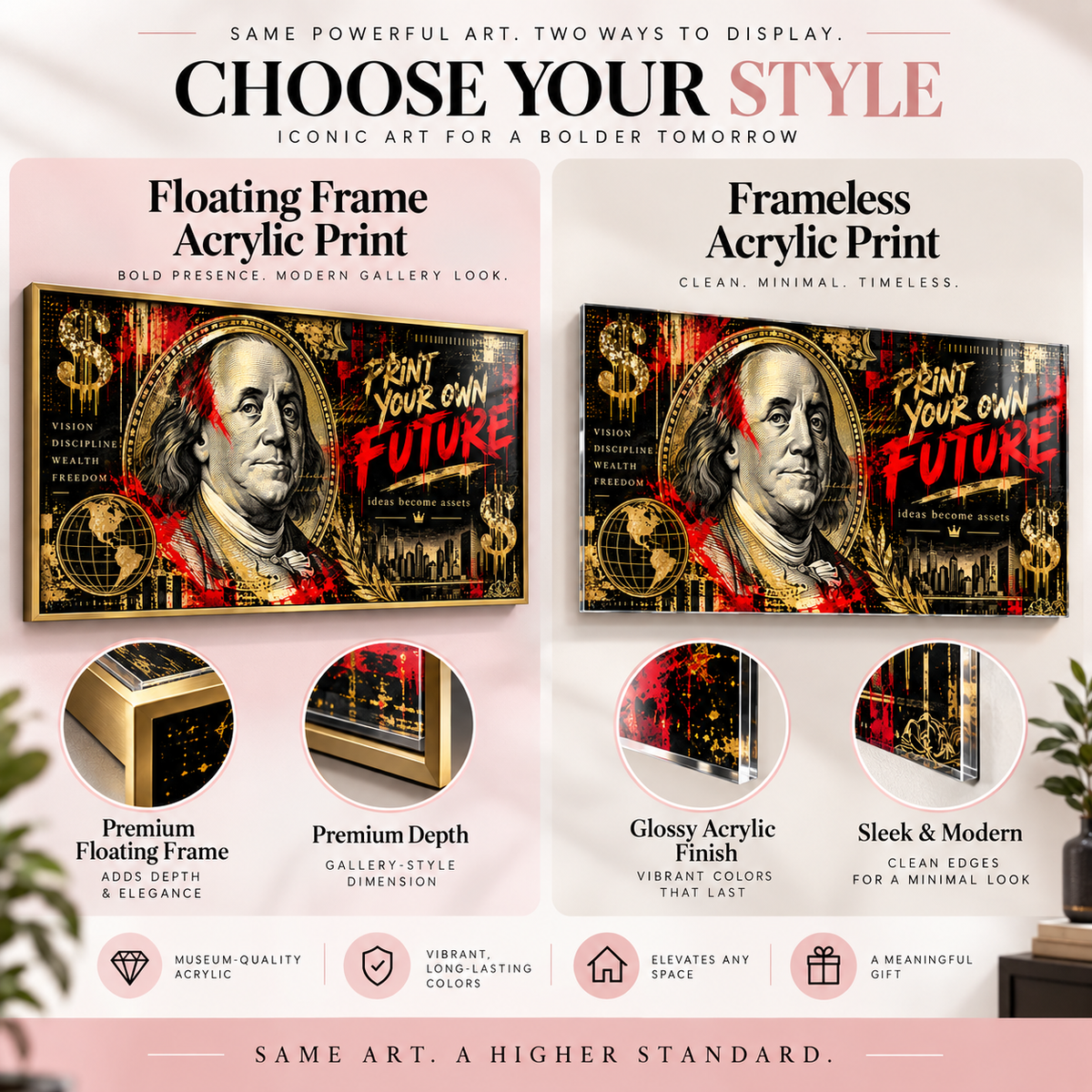 Hustle wall art – acrylic print details and options infographic by Rossetti Art