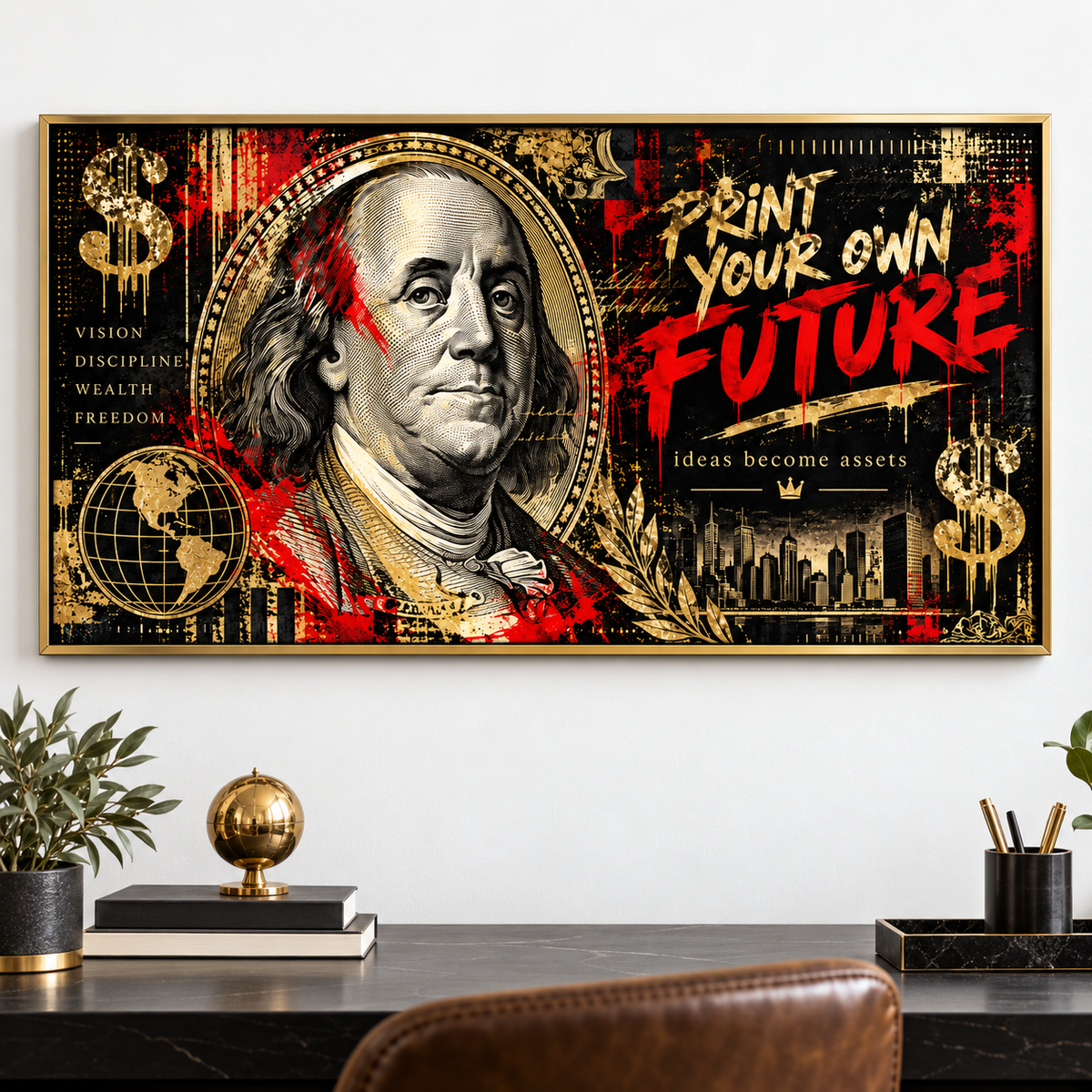 Hustle wall art – close-up of the glossy acrylic surface and black floater frame corner by Rossetti Art