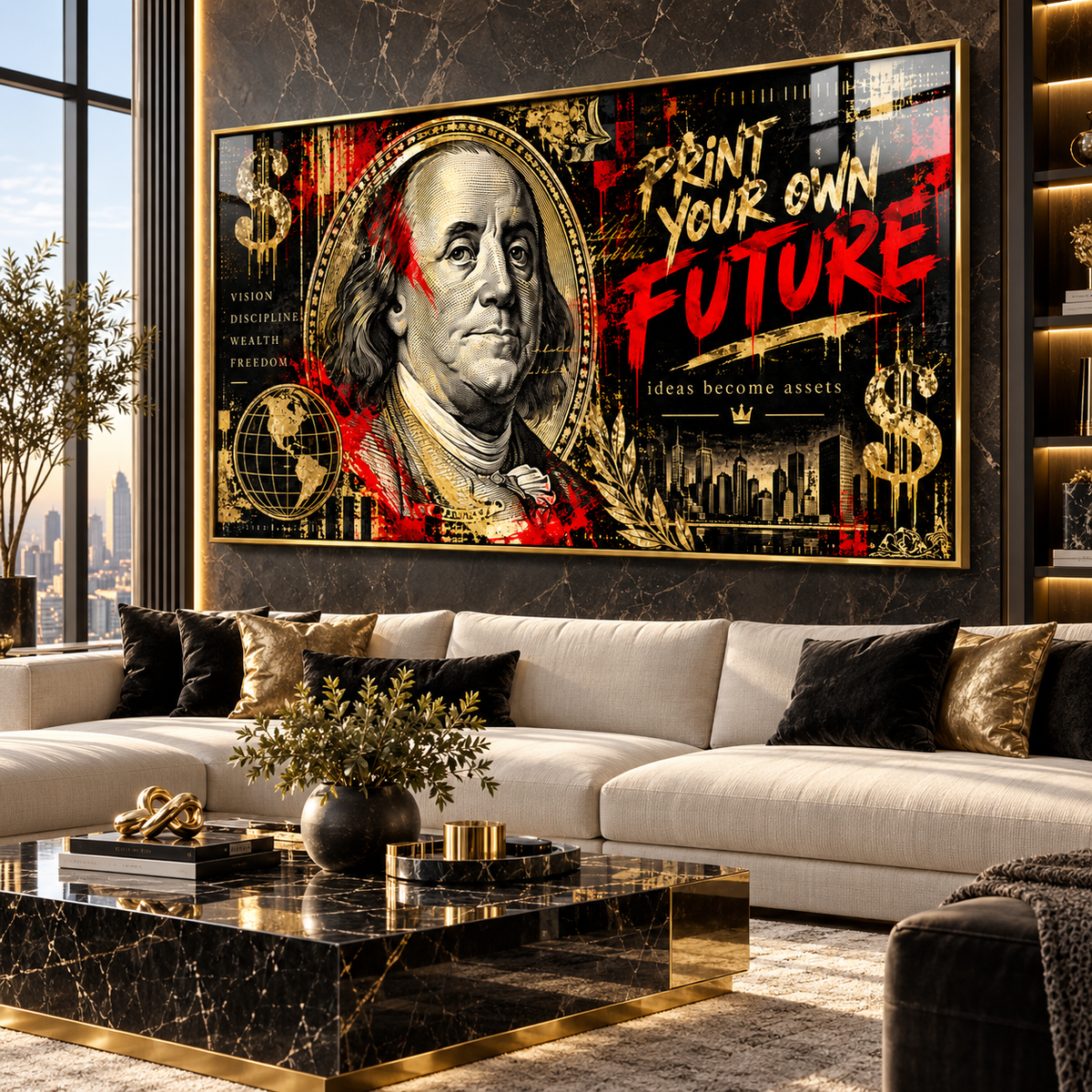 Hustle wall art – gold and red Print Your Own Future hundred-dollar bill acrylic print, front view, by Rossetti Art