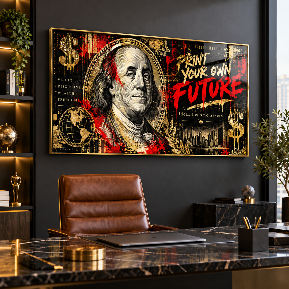Hustle wall art – Print Your Own Future acrylic print in a black frame above a desk in a home office by Rossetti Art