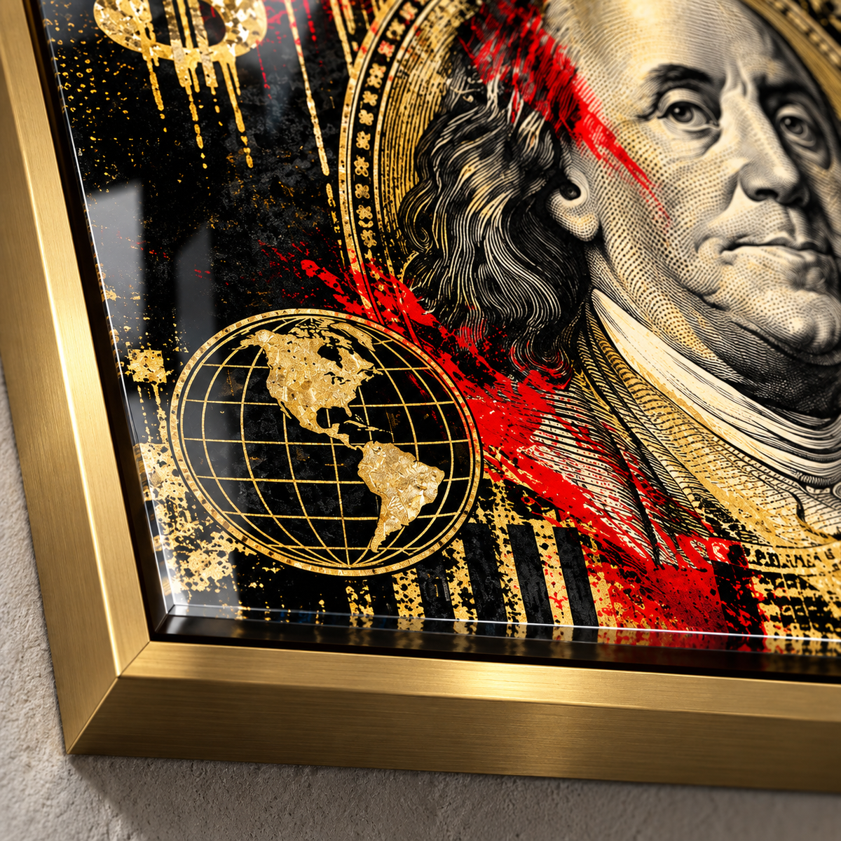 Hustle wall art – horizontal gold and red money acrylic print styled in a modern interior by Rossetti Art