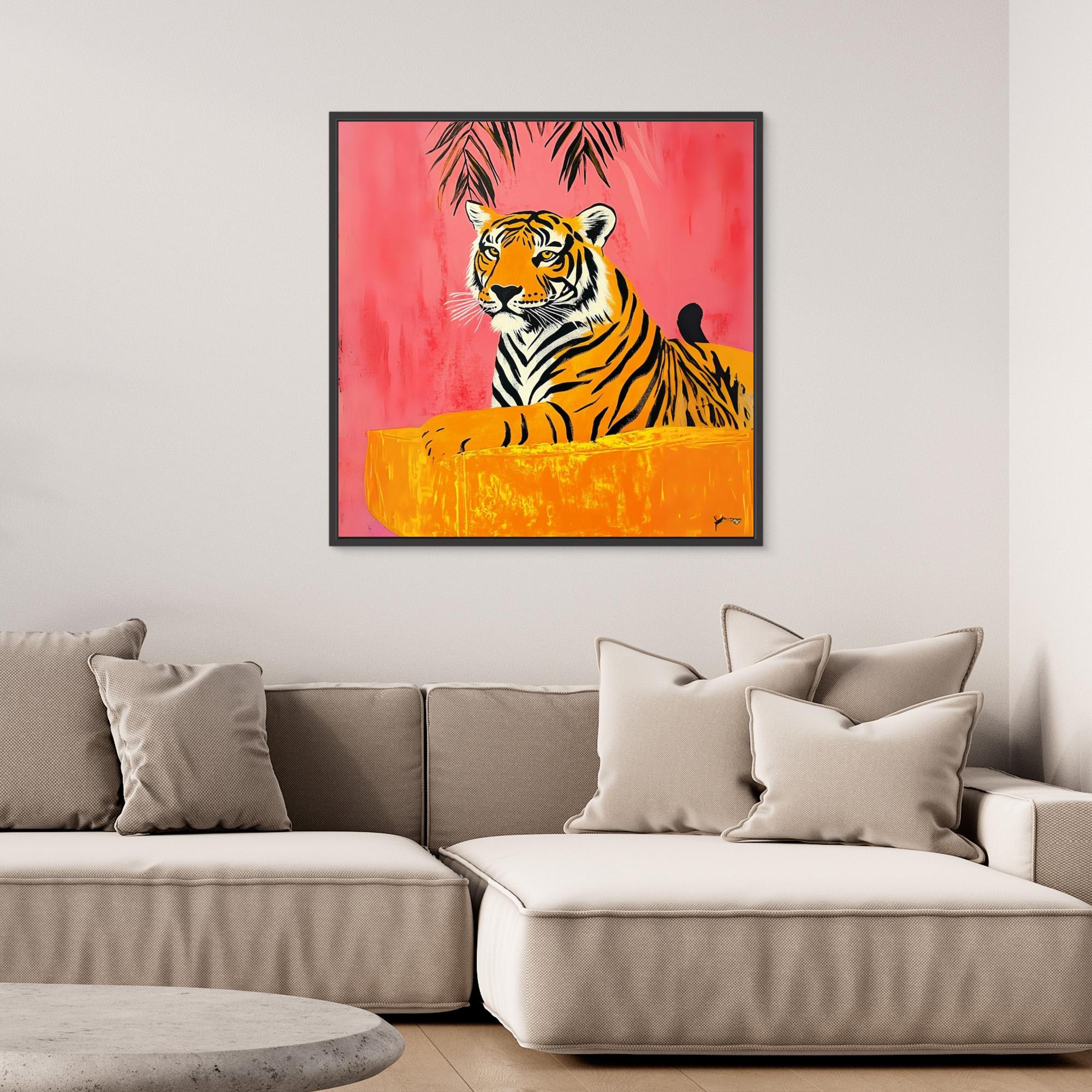 Majestic Tropics - Tiger Wall Art Print, Jungle Animal Painting with Tropical Pink Background, Vibrant Wildlife Decor, Modern Safari Wall Art