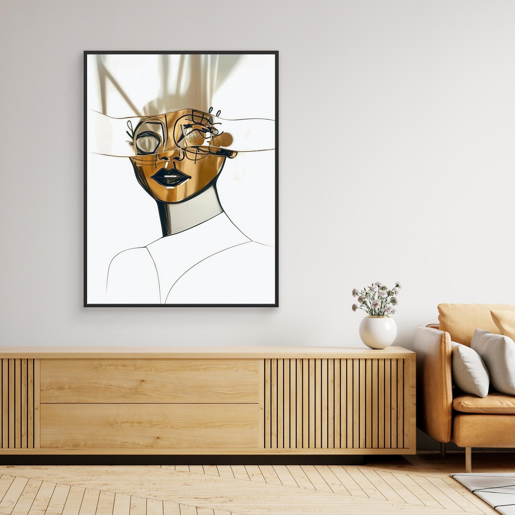 Canvas Print: Abstract Gold & Black Modern Portrait – Minimalist Wall Art Framed