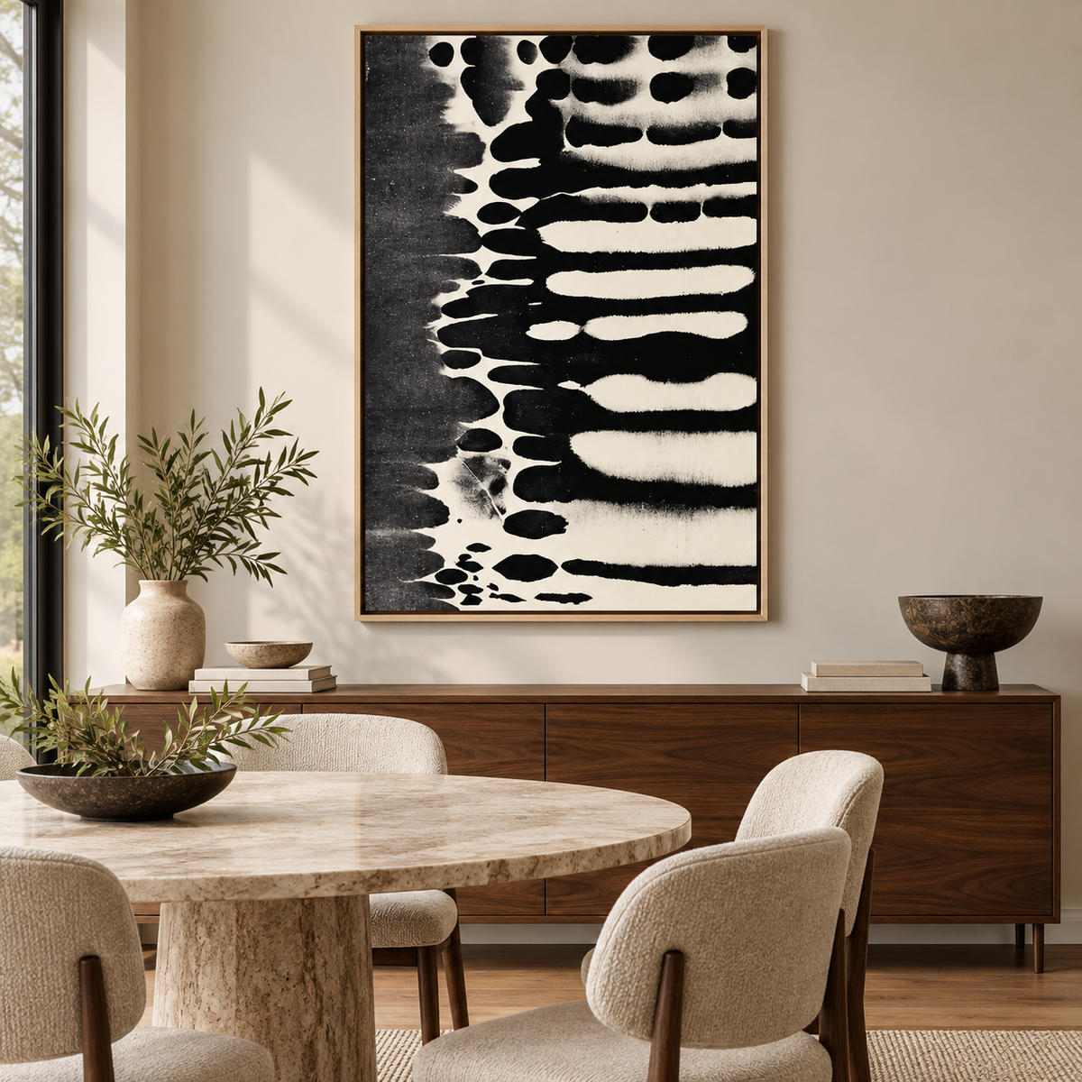 Ink Wash Painting Canvas Print – Ink Rhythm above a dining room sideboard by Rossetti Art