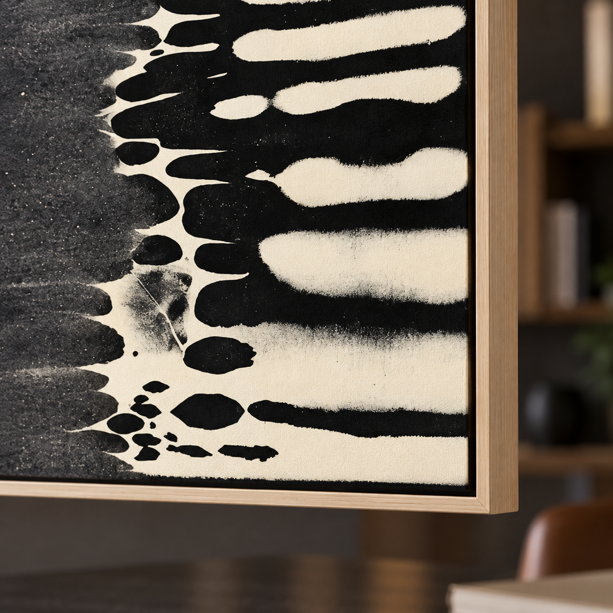 Ink Wash Painting Canvas Print – Ink Rhythm close-up of the bleeding black ink and canvas corner by Rossetti Art