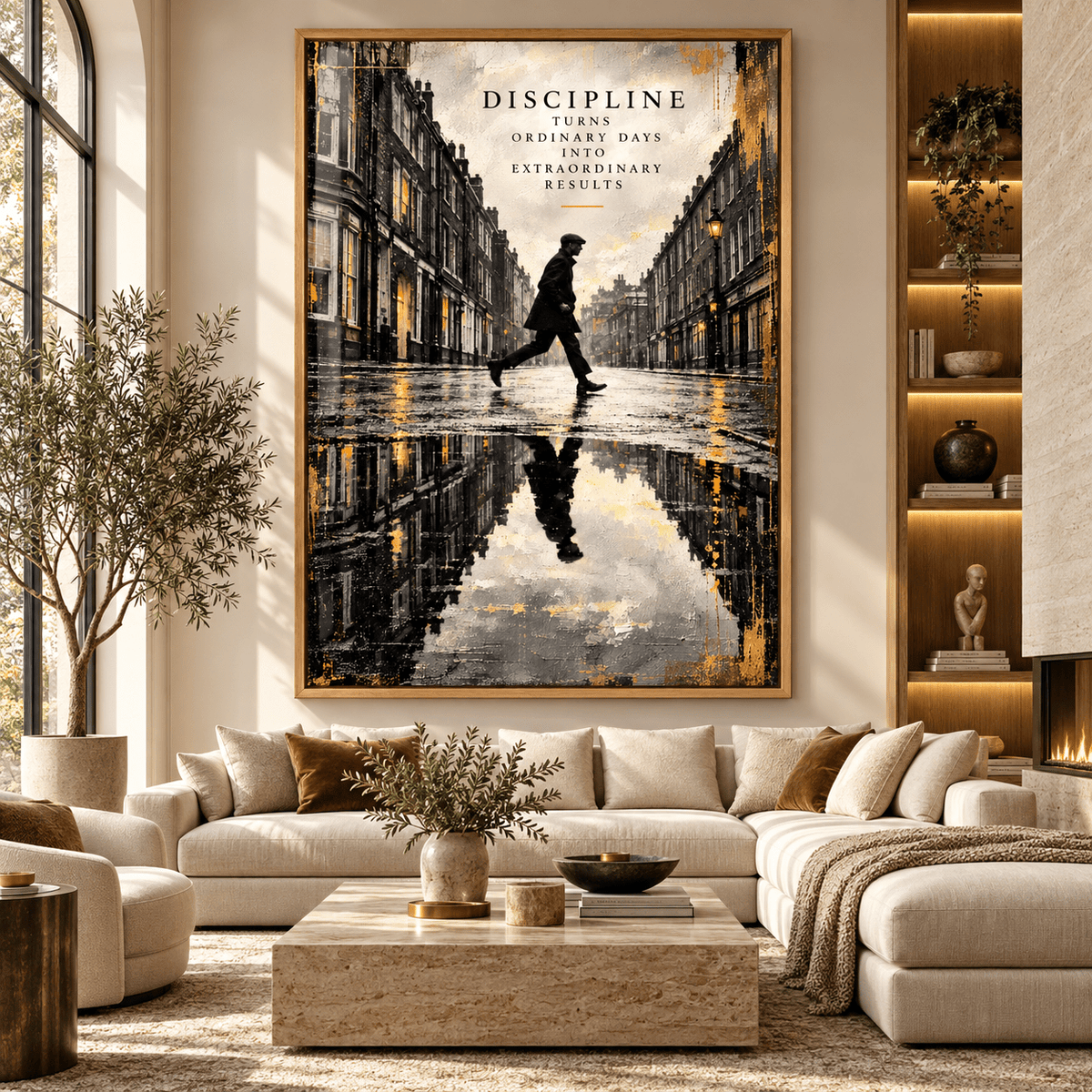 Inspirational quote wall art – Ordinary Days black, cream and gold acrylic print above a cream sofa in a sunlit living room by Rossetti Art