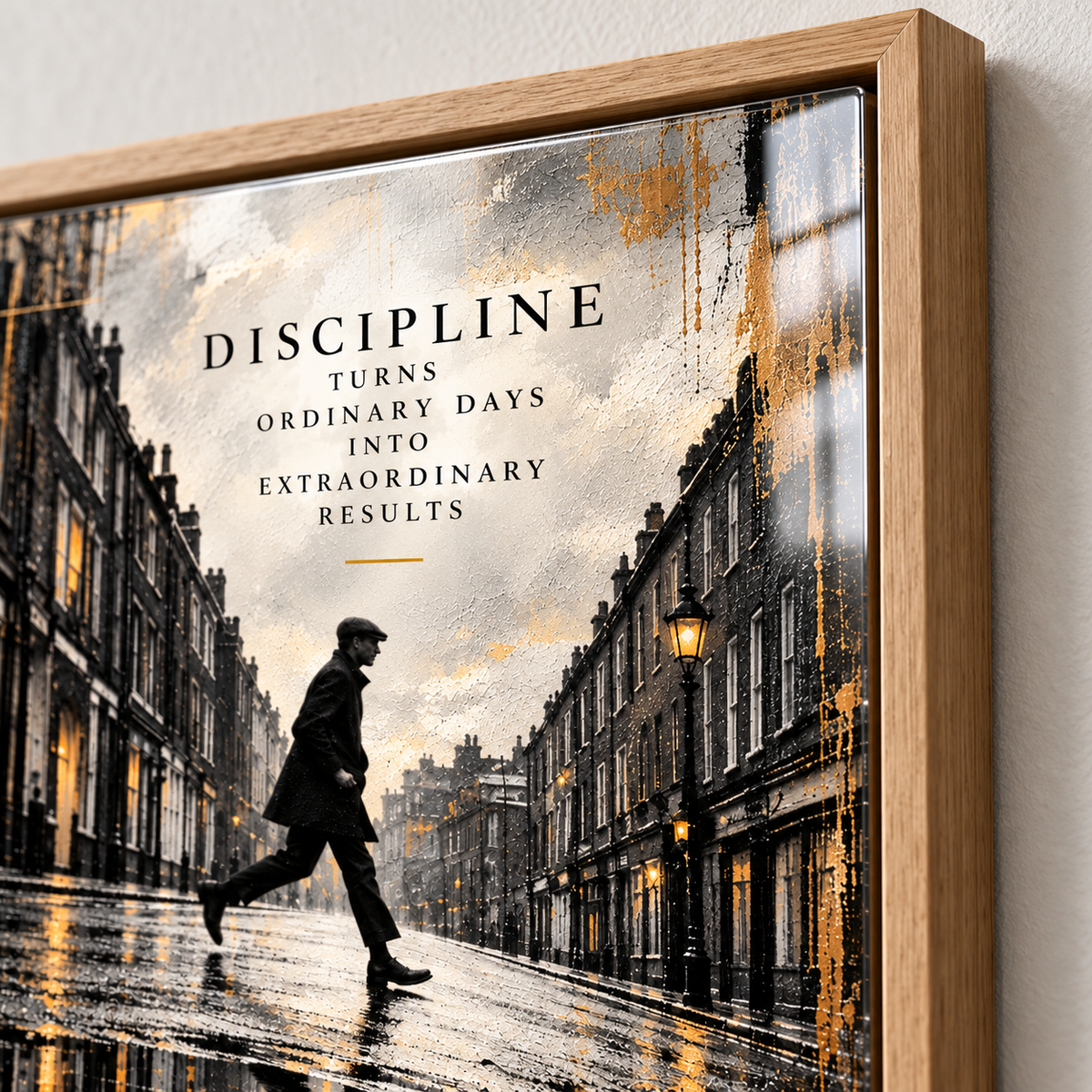 Close-up of inspirational quote wall art – Ordinary Days high-gloss acrylic print in an oak frame showing gold accents by Rossetti Art