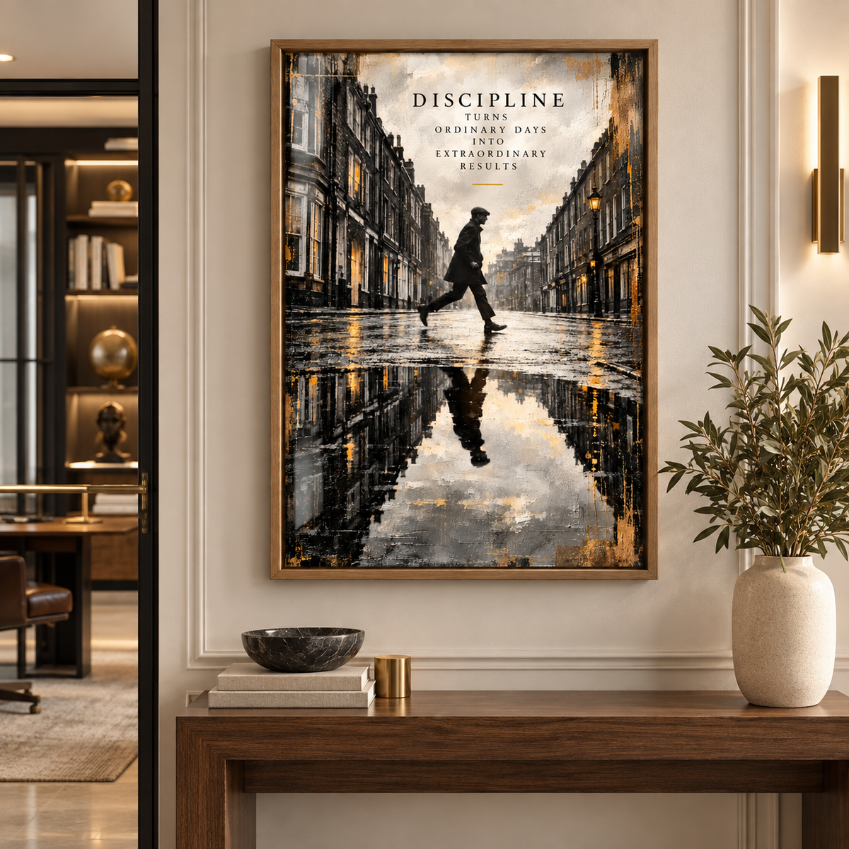 Inspirational quote wall art – Ordinary Days acrylic print above a walnut console table in a luxury entryway by Rossetti Art