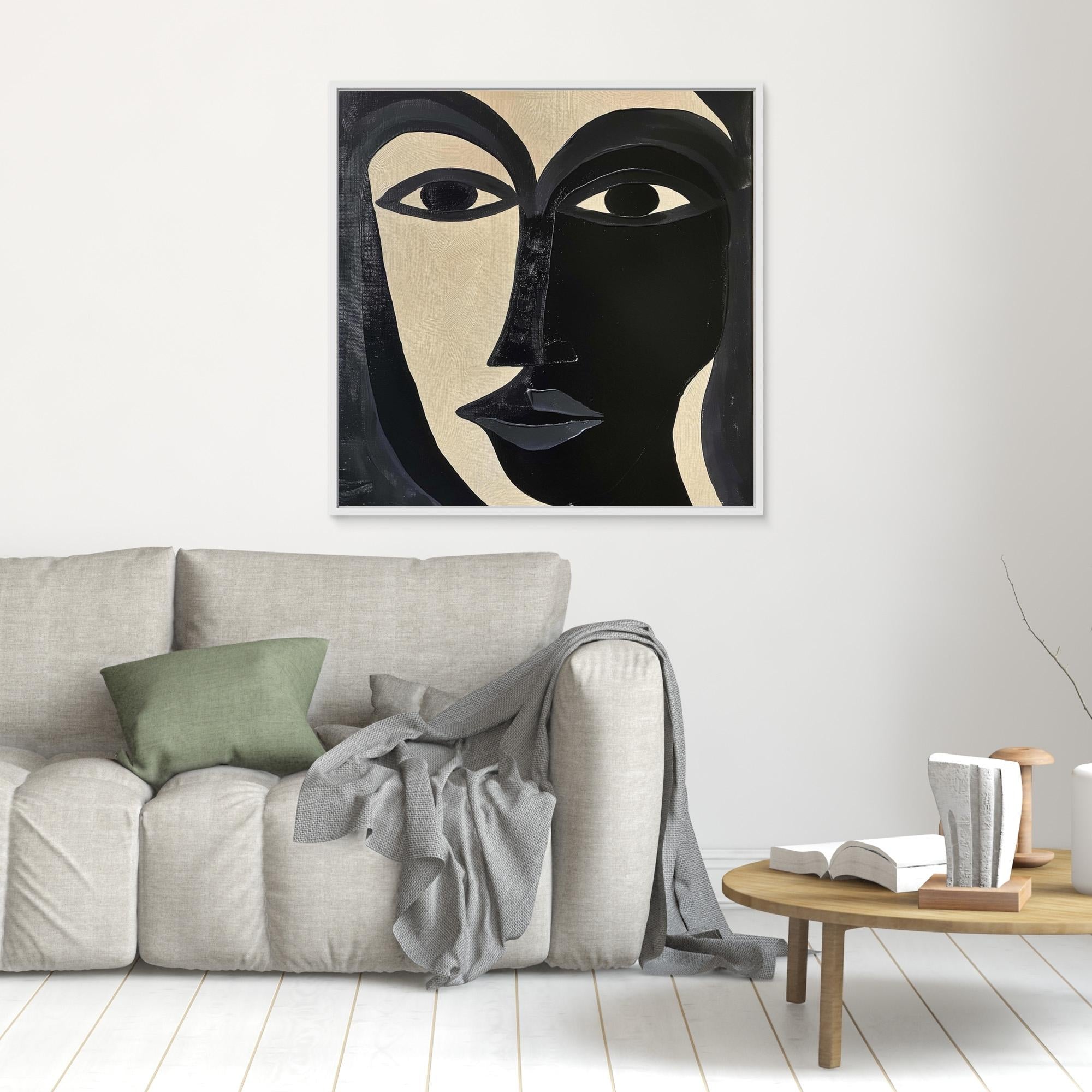 Divided Essence - Minimalist Black and White Abstract Face Art Print, Modern Portrait Wall Decor, Bold Contemporary Expressionist Artwork, Unique Canvas Design