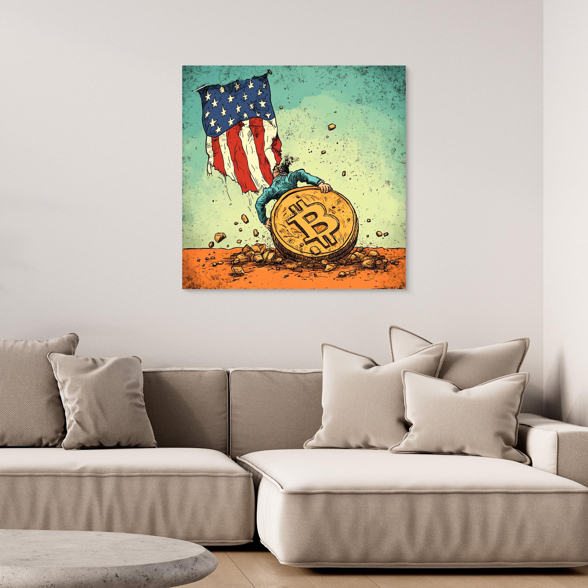 Canvas Print : Bitcoin vs. Tradition: Bold Political Satire Print Artwork