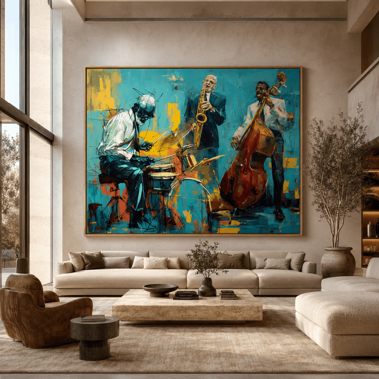 Jazz band wall art in a modern living room – Midnight Set by Rossetti Art