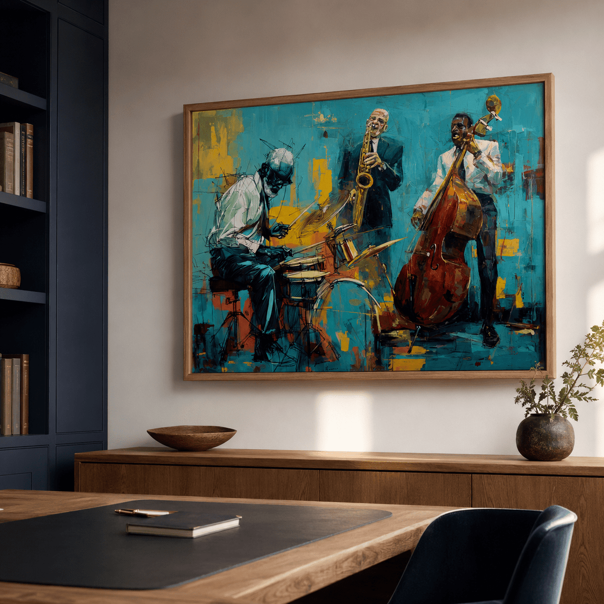 Jazz band wall art in a home office – Midnight Set by Rossetti Art