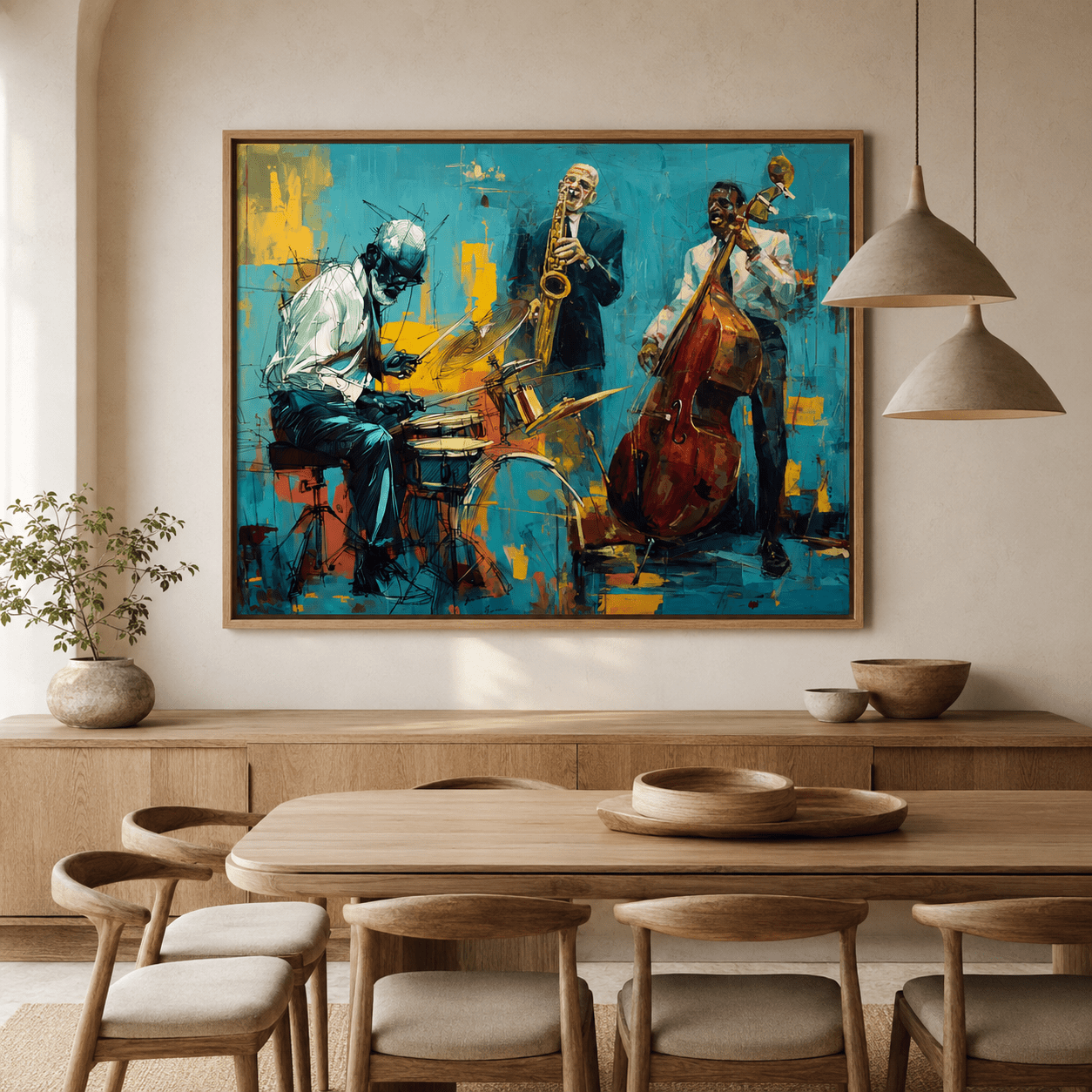 Jazz band wall art above a dining room sideboard – Midnight Set by Rossetti Art
