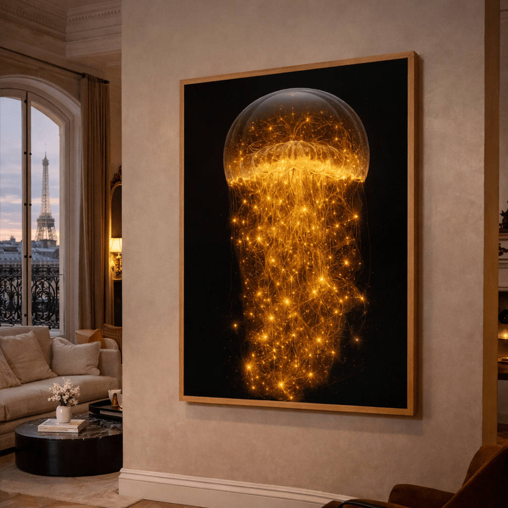 Jellyfish Canvas Wall Art - Golden Current Vertical Canvas Print by Rossetti Art