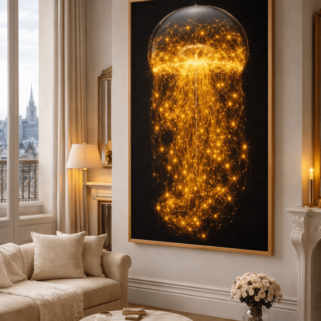 Jellyfish Canvas Wall Art - Golden Current Vertical Canvas Print by Rossetti Art