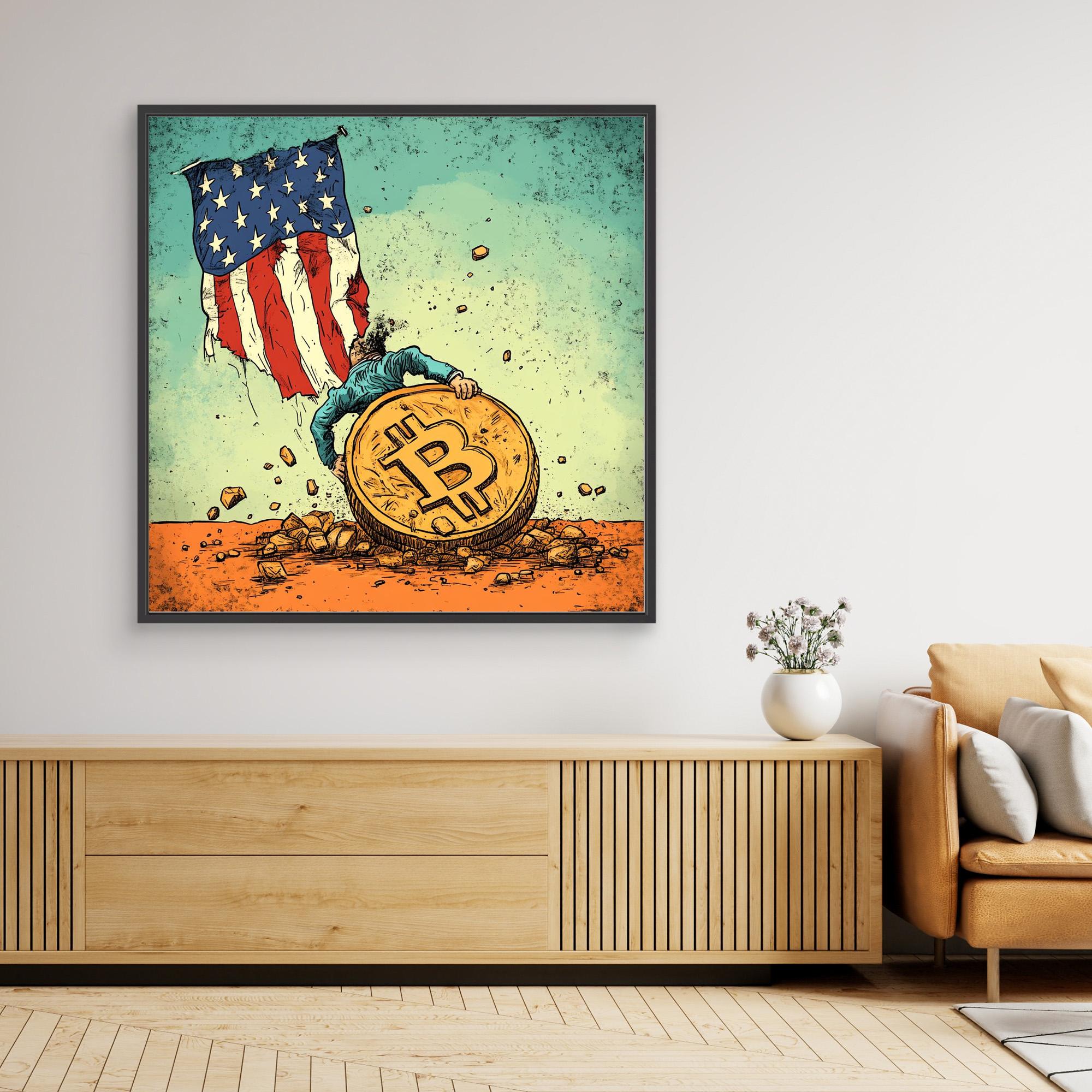 Canvas Print : Bitcoin vs. Tradition: Bold Political Satire Print Artwork