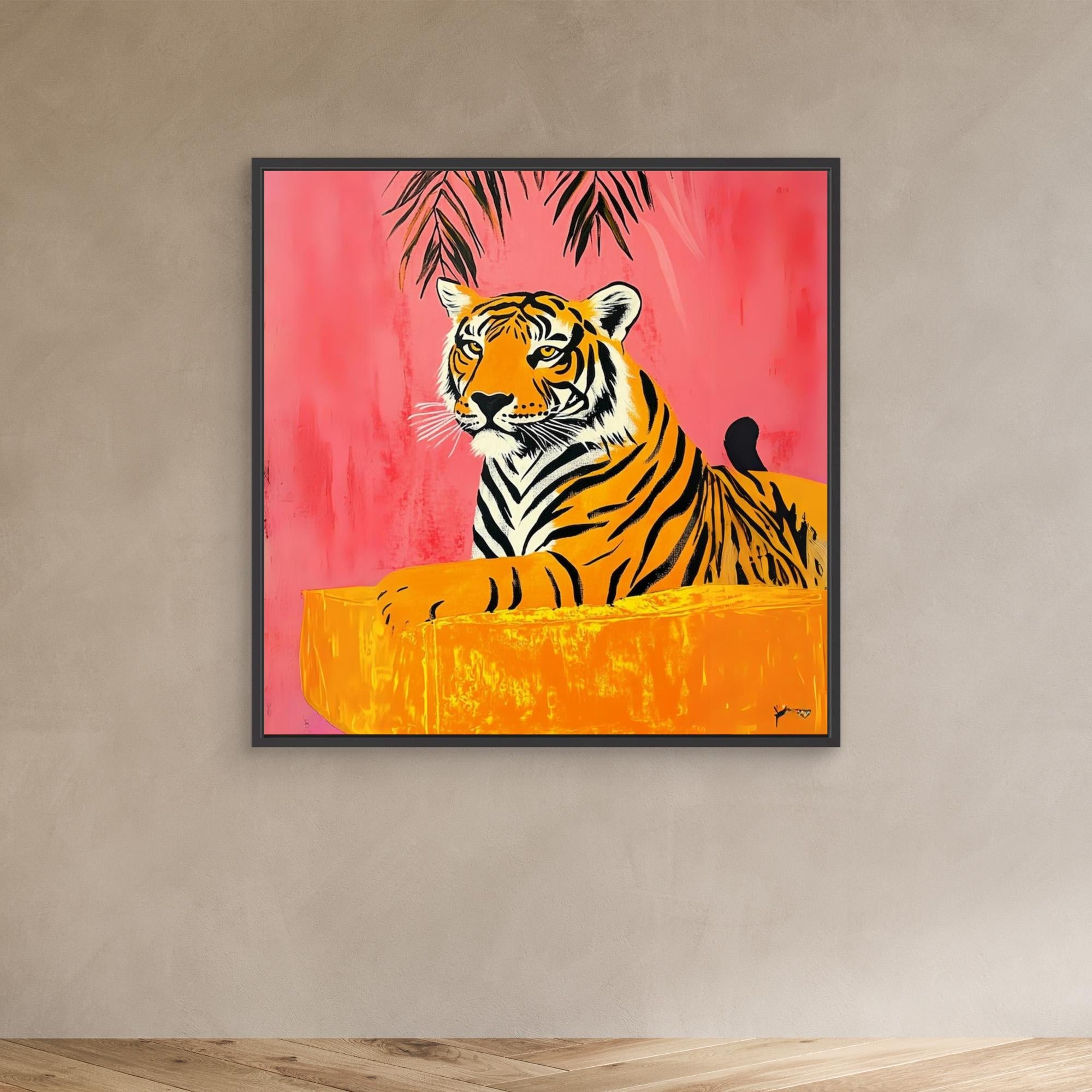 Majestic Tropics - Tiger Wall Art Print, Jungle Animal Painting with Tropical Pink Background, Vibrant Wildlife Decor, Modern Safari Wall Art