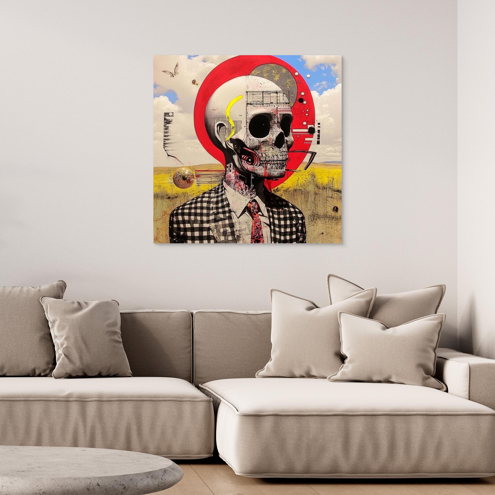 Canvas Print : Skull Reverie - Surreal Skull Art Print – Modern Mixed Media Wall Decor with Red Accents