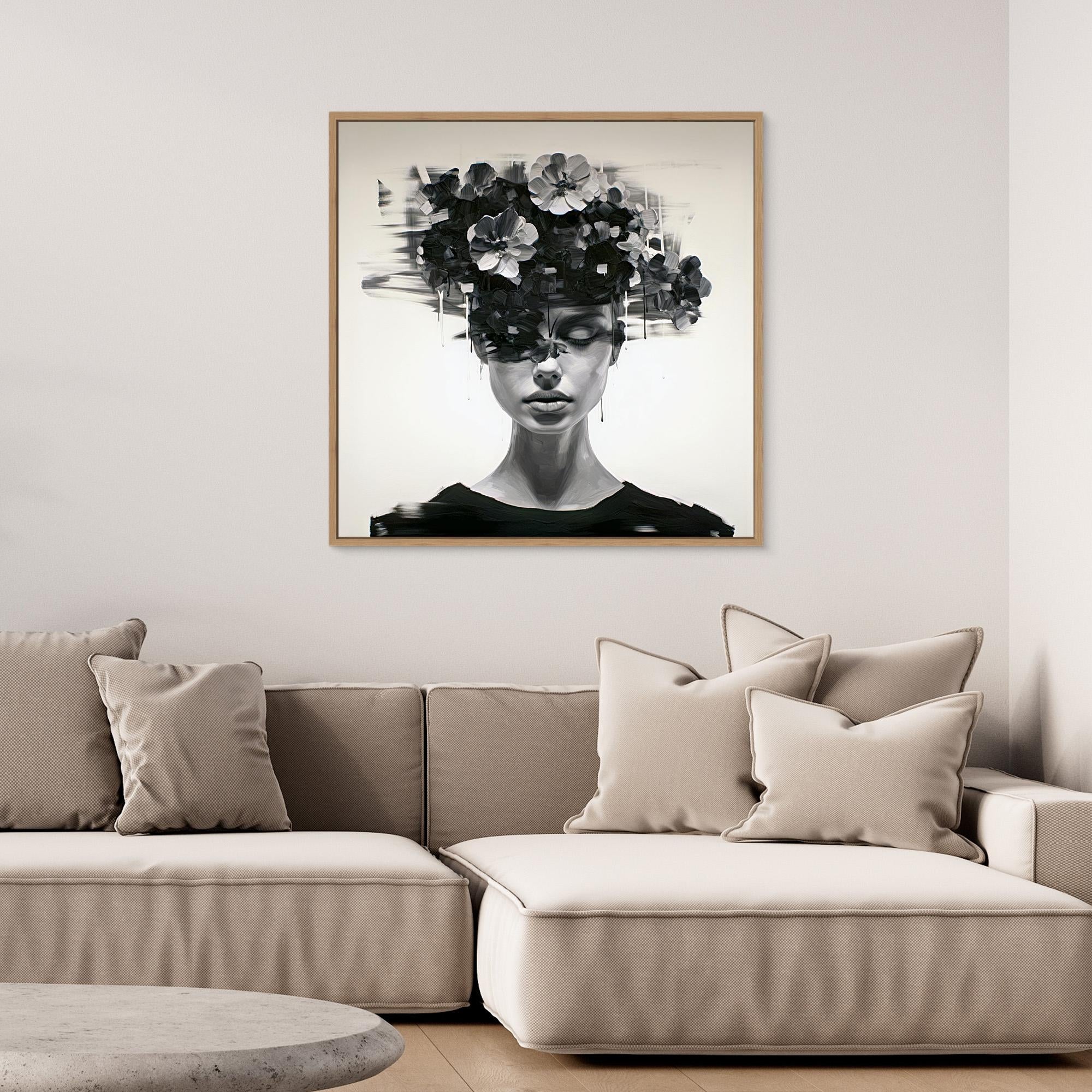 Canvas Print: Noir Bloom – Surreal Floral Portrait Wall Art