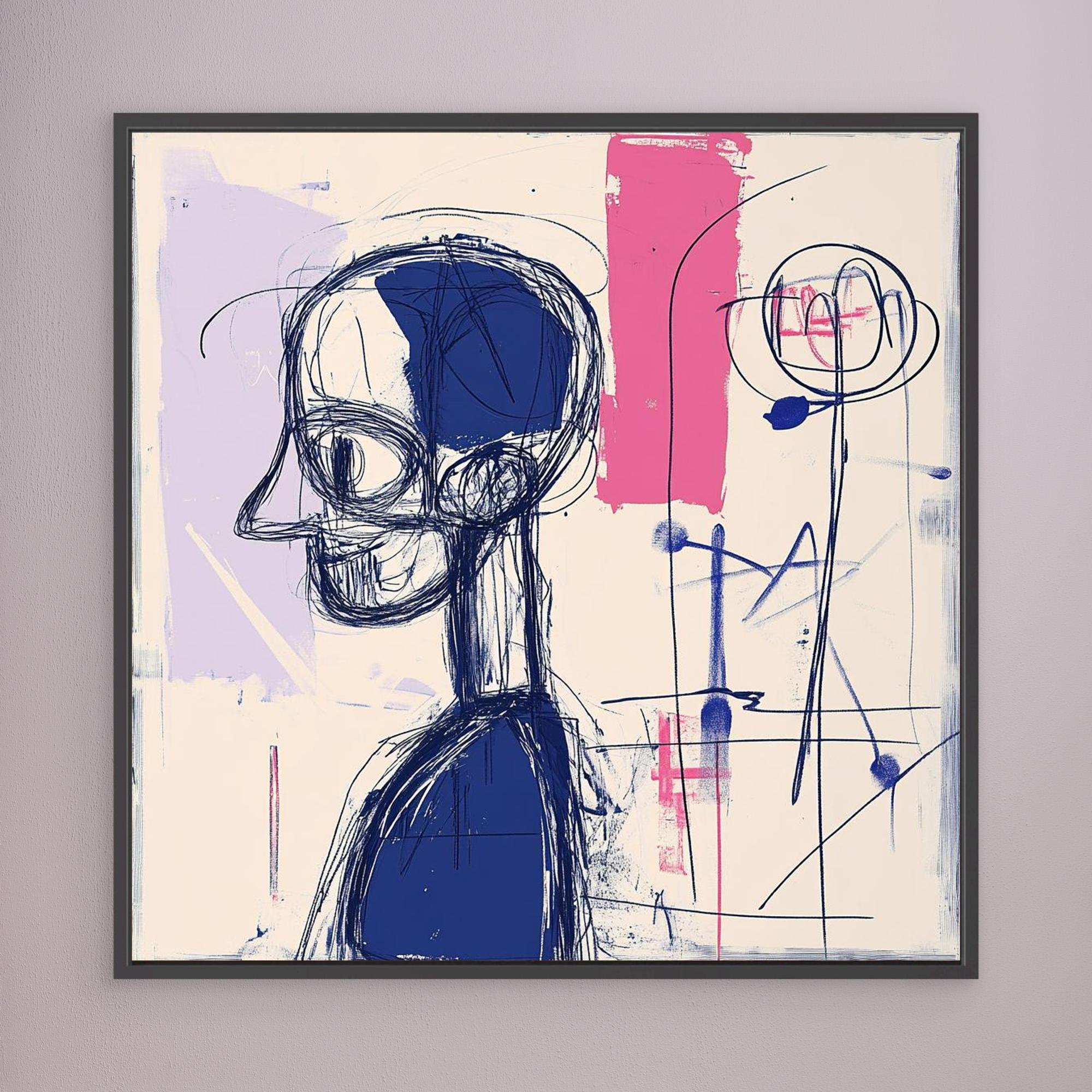 Abstract Contemplation - Modern Abstract Line Art Print | Blue and Pink Abstract Portrait | Contemporary Wall Art for Home or Office Decor