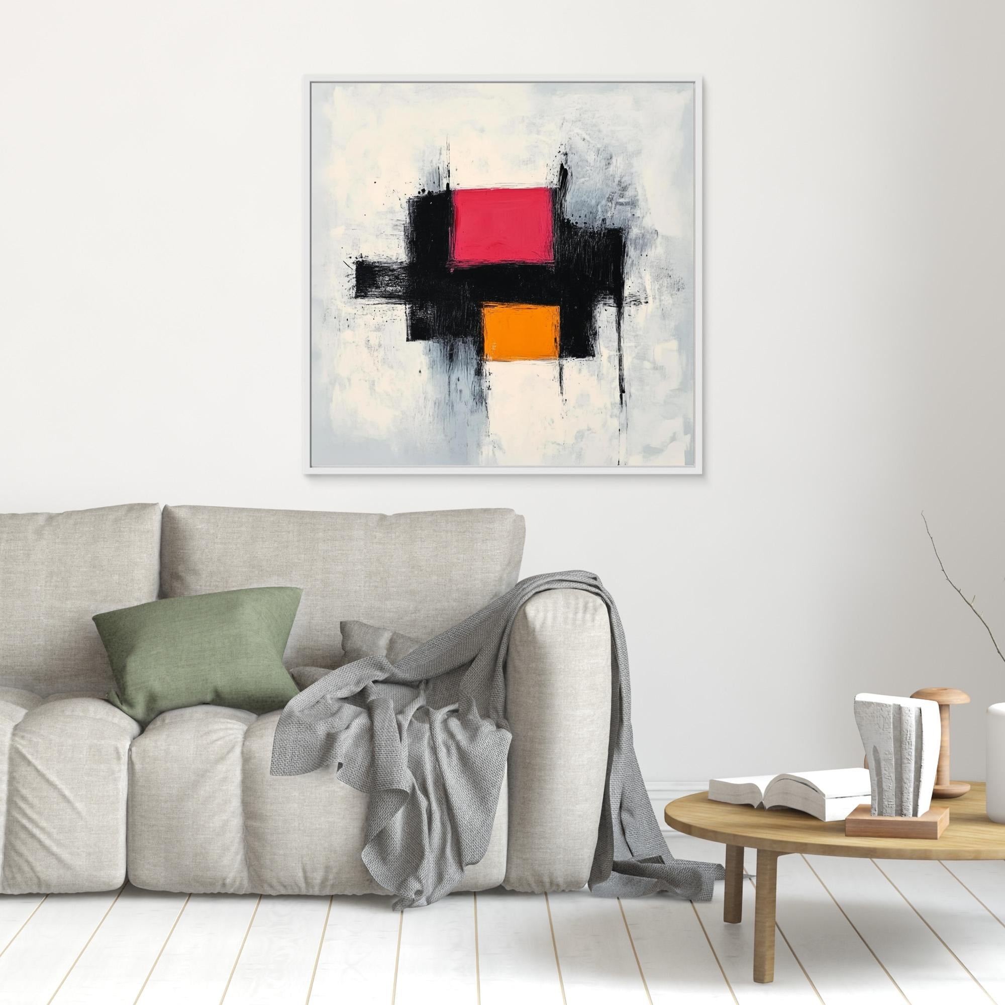 Dynamic Contrast - Print Wall Art - Abstract Wall Art With Pink And Orange Blocks, Modern Minimalist Canvas Print, Black And White Textured Painting For Contemporary Decor