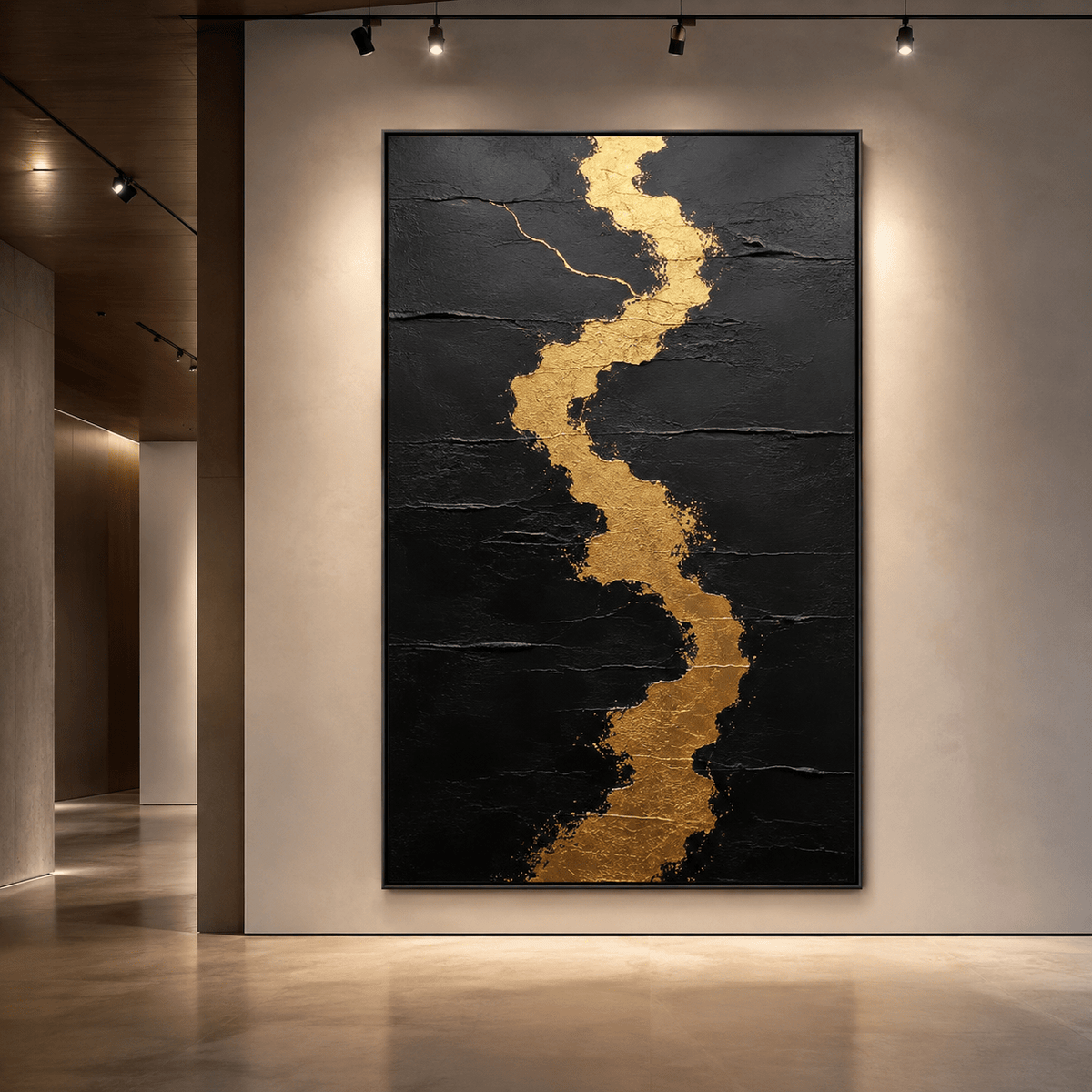 Kintsugi Painting – Gilded Fracture, gold leaf crack running down a black textured canvas, displayed in a gallery hallway