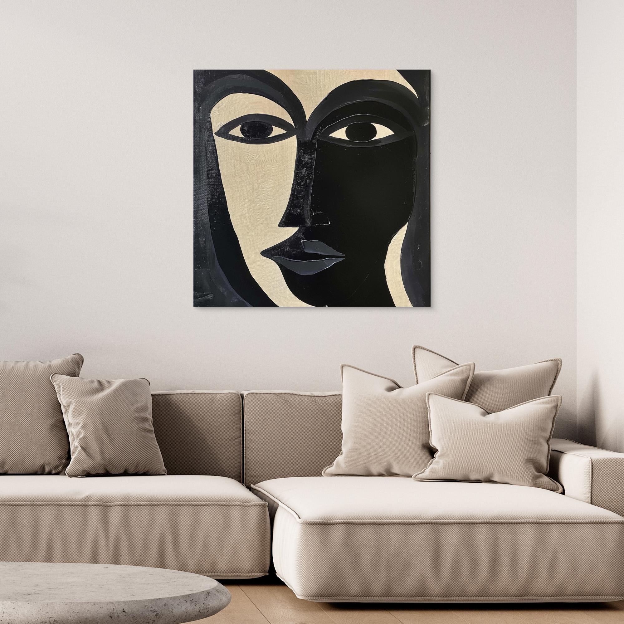 Divided Essence - Minimalist Black and White Abstract Face Art Print, Modern Portrait Wall Decor, Bold Contemporary Expressionist Artwork, Unique Canvas Design