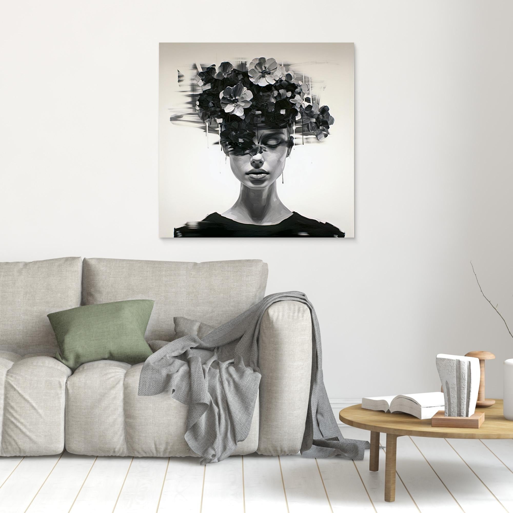 Canvas Print: Noir Bloom – Surreal Floral Portrait Wall Art