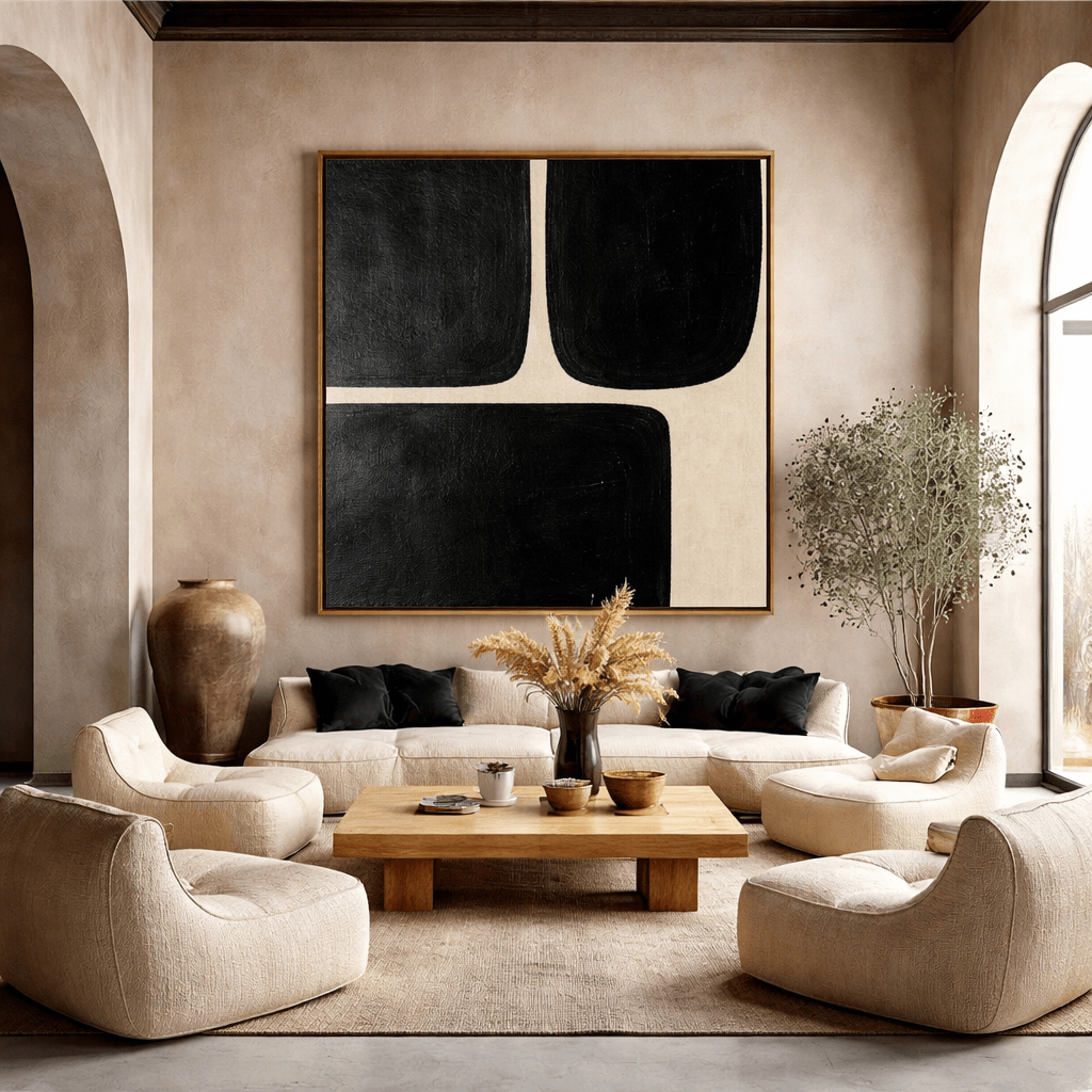 Large Black and Beige Geometric Original Painting