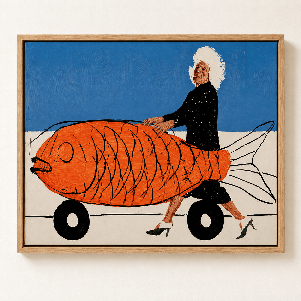 Large fish wall art in a clean oak frame on a plain wall – The Haul by Rossetti Art