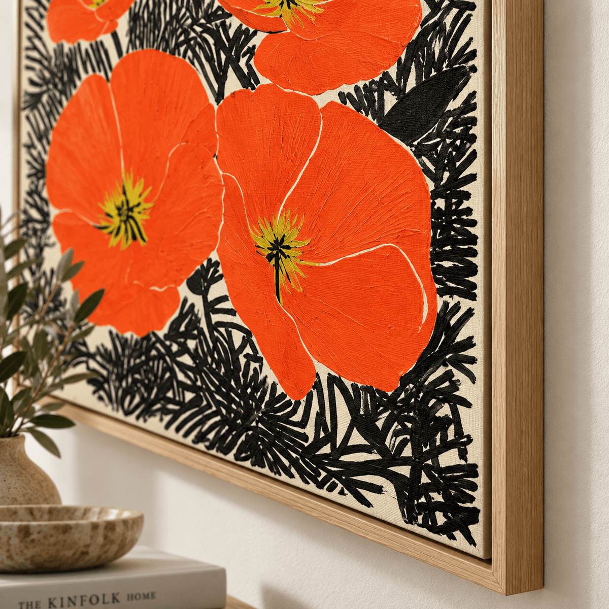 Close-up of oak floater frame corner and hand-painted poppy texture on large floral wall art – Poppy Ink Bloom by Rossetti Art
