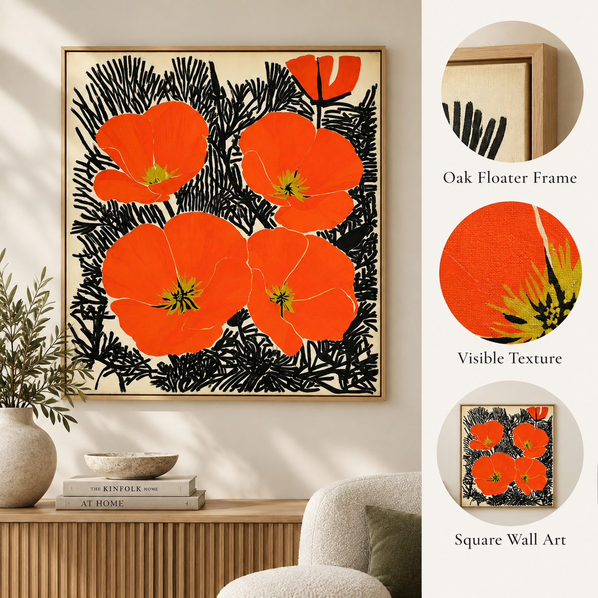 Large floral wall art in oak floater frame with visible canvas texture and square format – Poppy Ink Bloom by Rossetti Art