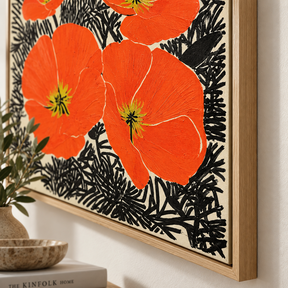Close-up of oak floater frame corner and hand-painted poppy texture on large floral wall art – Poppy Ink Bloom by Rossetti Art