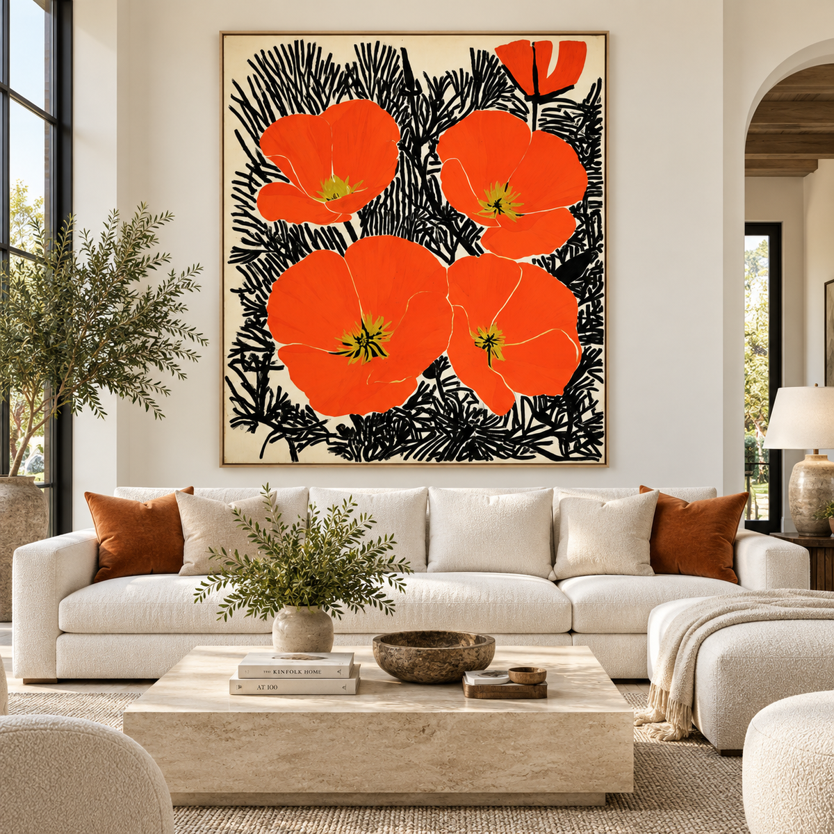 Large floral wall art canvas print of orange poppies above a cream sofa in a living room – Poppy Ink Bloom by Rossetti Art